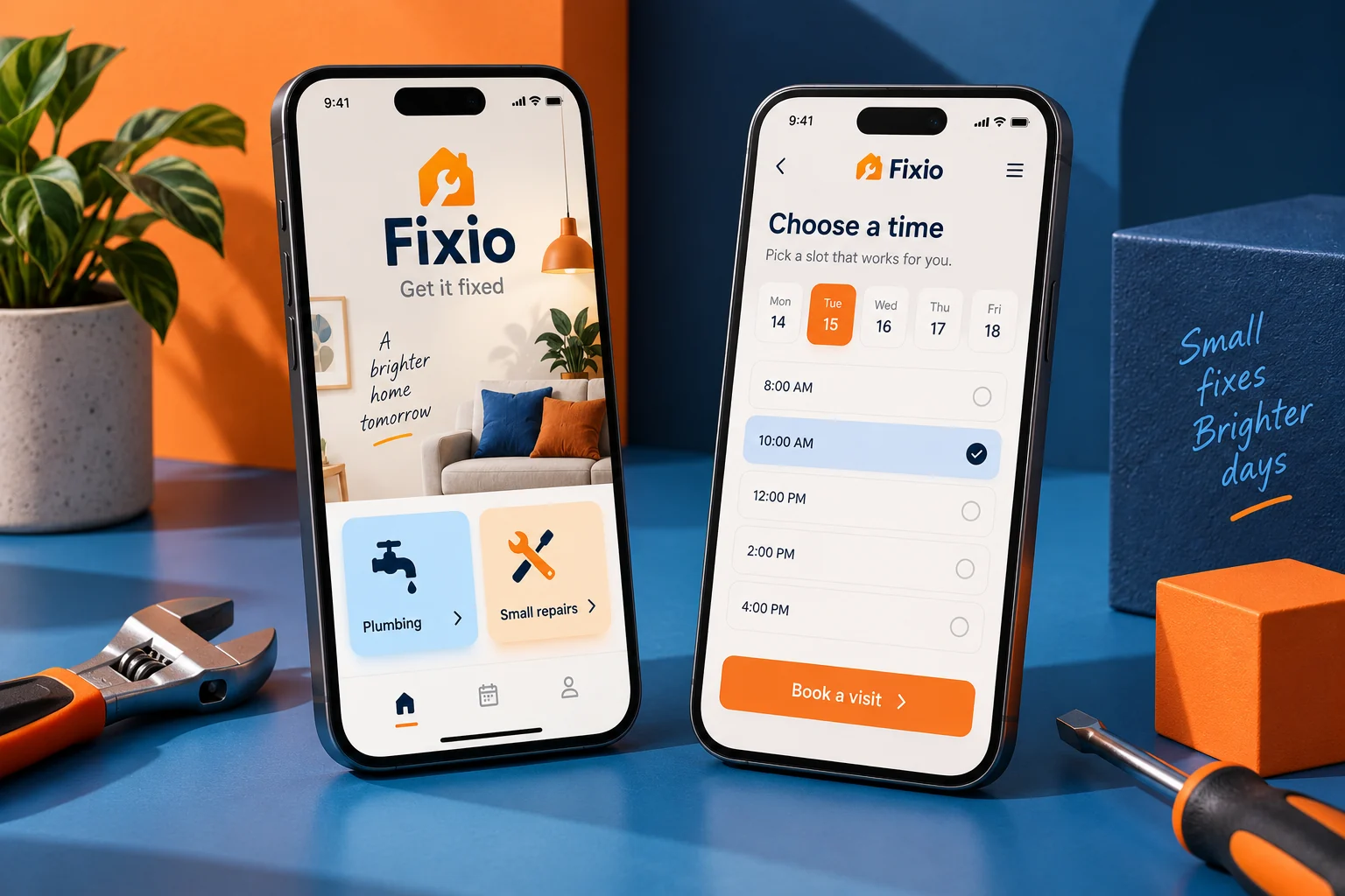 Original Fixio mobile app concept showing home repairs screens in a colourful studio composition