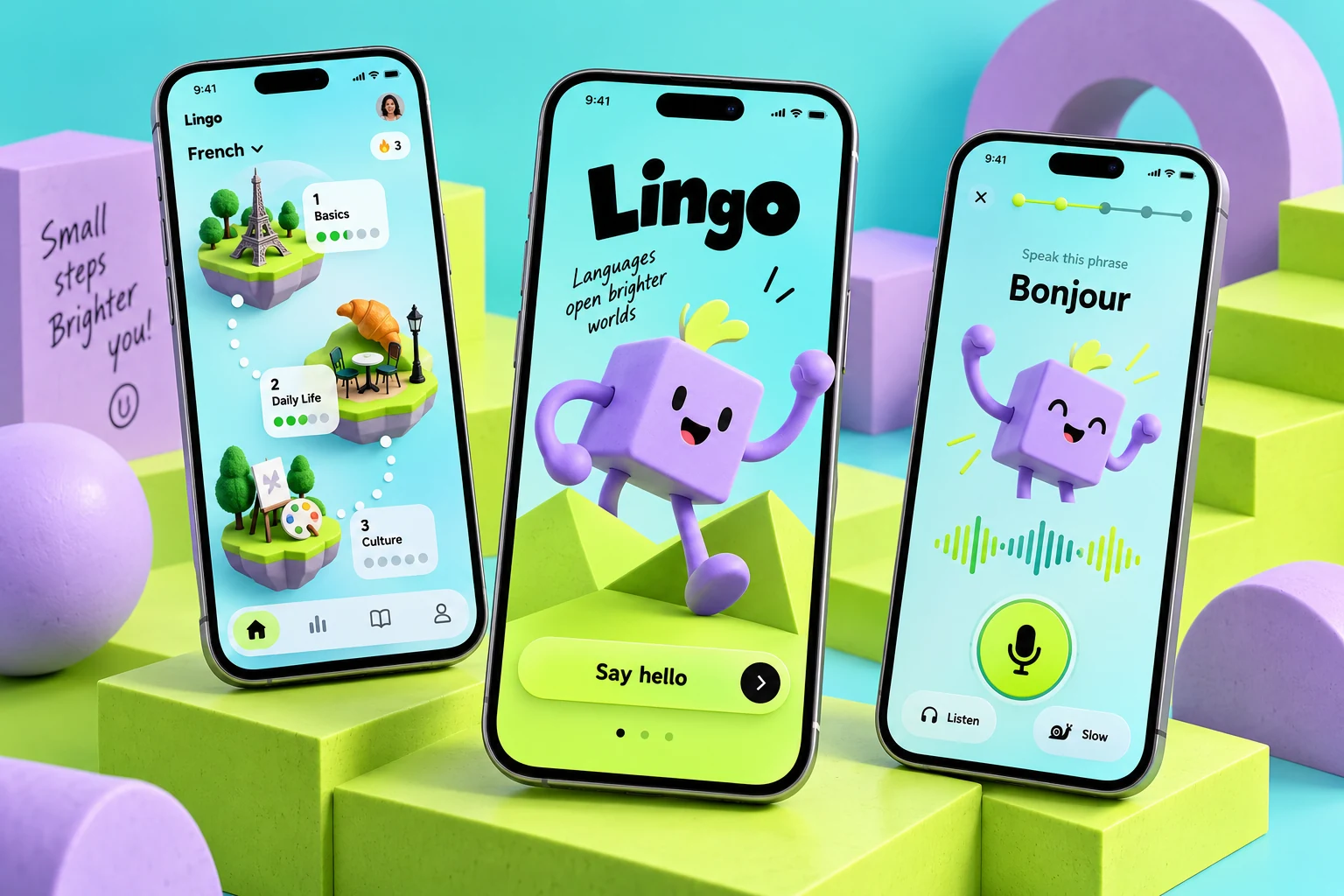 Original Lingo language-learning concept with turquoise and lime lesson screens and an original geometric character
