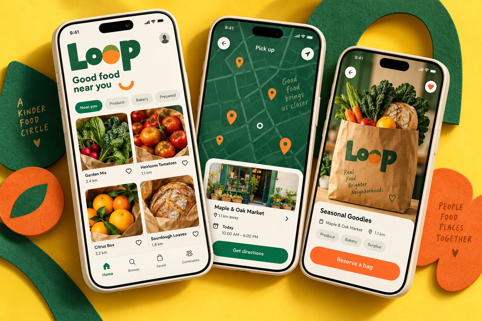 Original Loop food-rescue concept with yellow and emerald mobile screens showing local food offers and pickup details