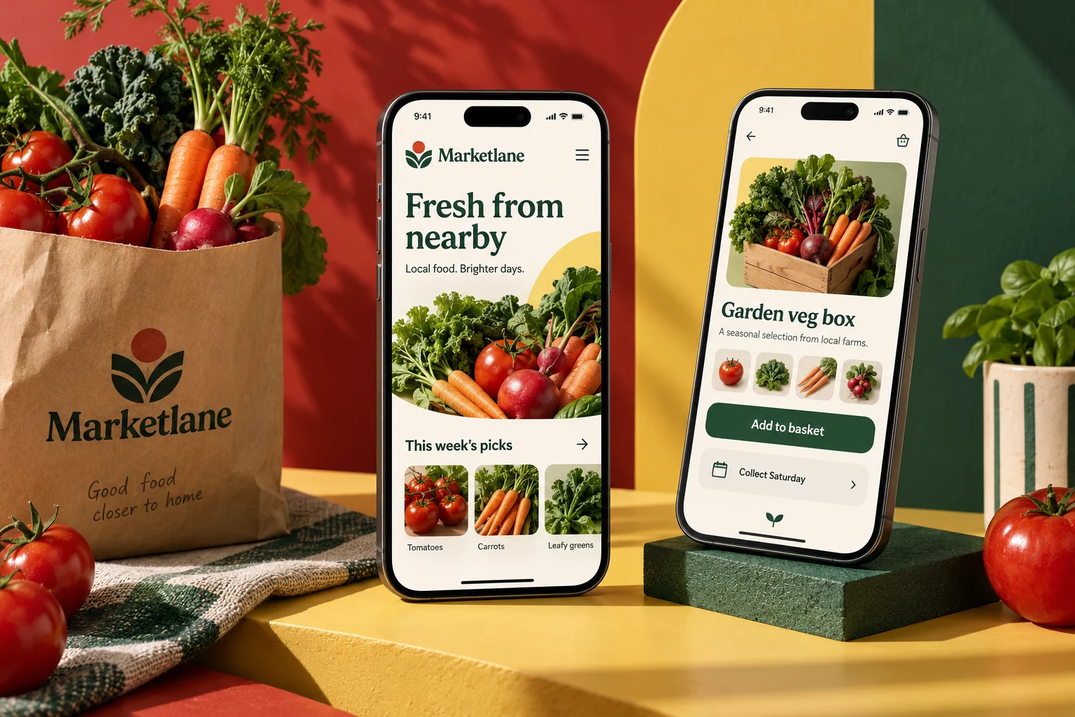 Original Marketlane mobile app concept showing local produce screens in a colourful studio composition