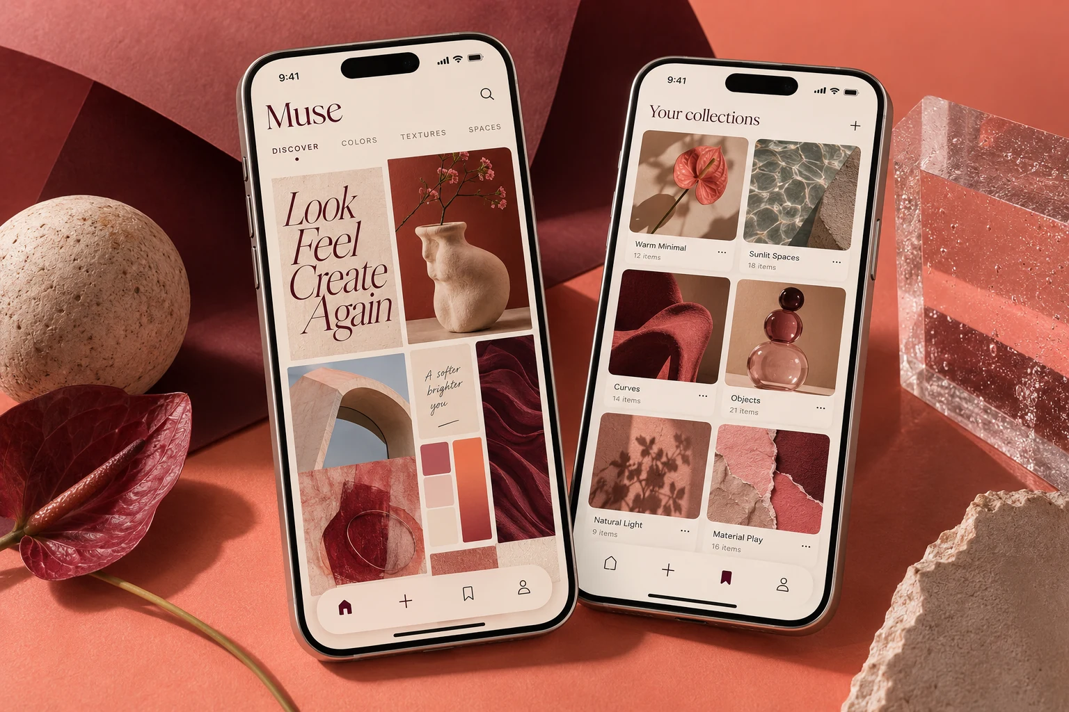 Original Muse creative app concept with coral and burgundy screens showing visual discoveries and moodboard collections