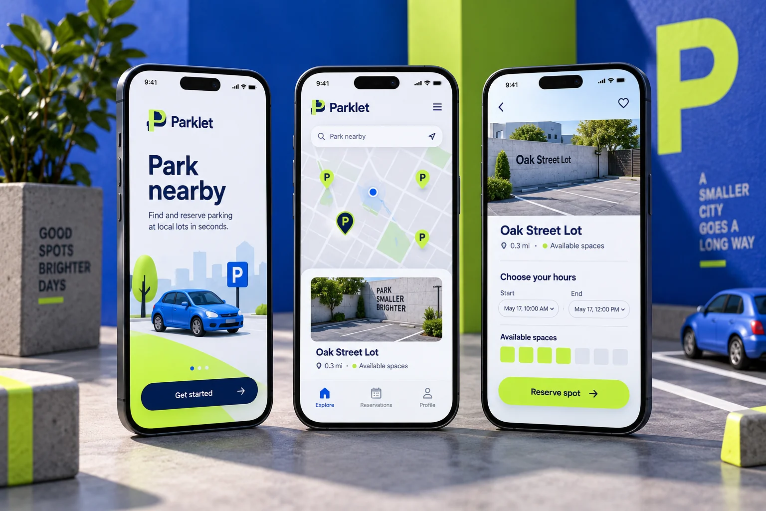 Original Parklet mobile app concept showing local parking screens in a colourful studio composition
