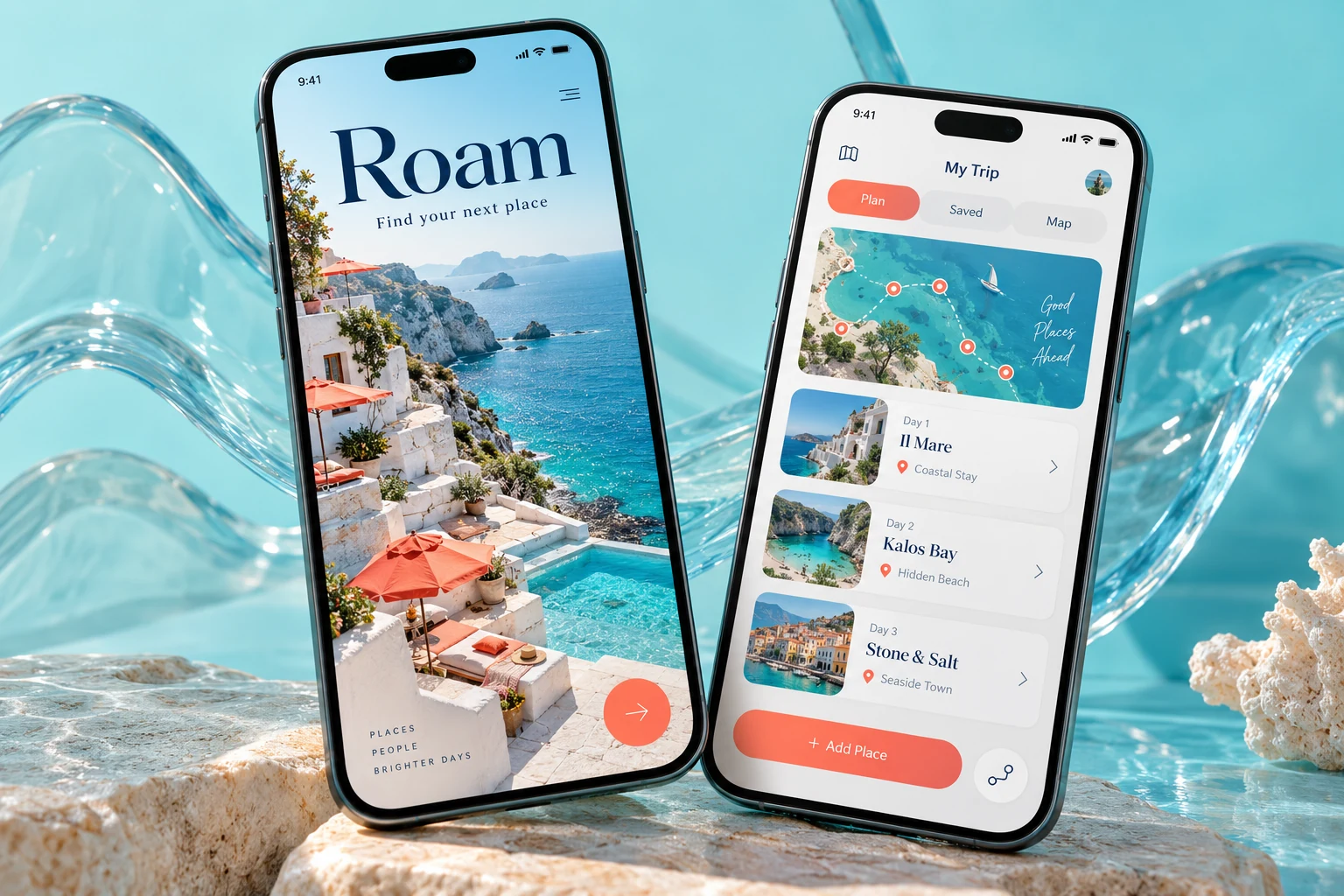 Original Roam travel concept with aqua and coral mobile screens, a coastal stay and trip planning