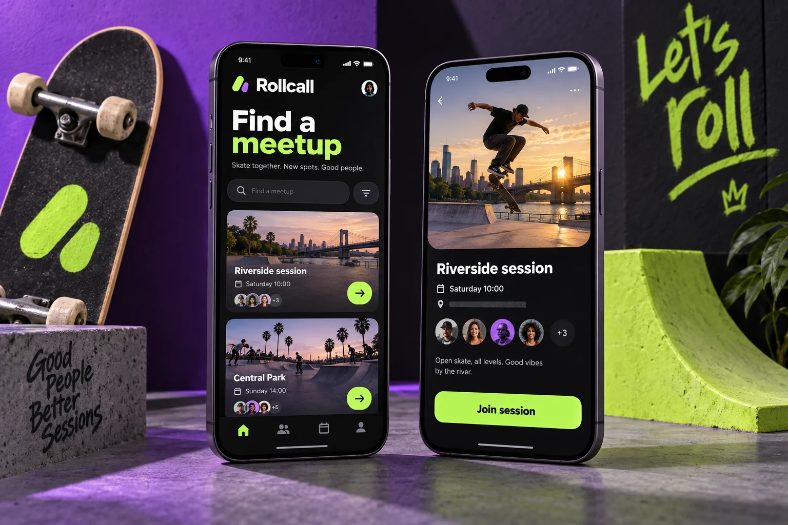 Original Rollcall mobile app concept showing skate meetups screens in a colourful studio composition