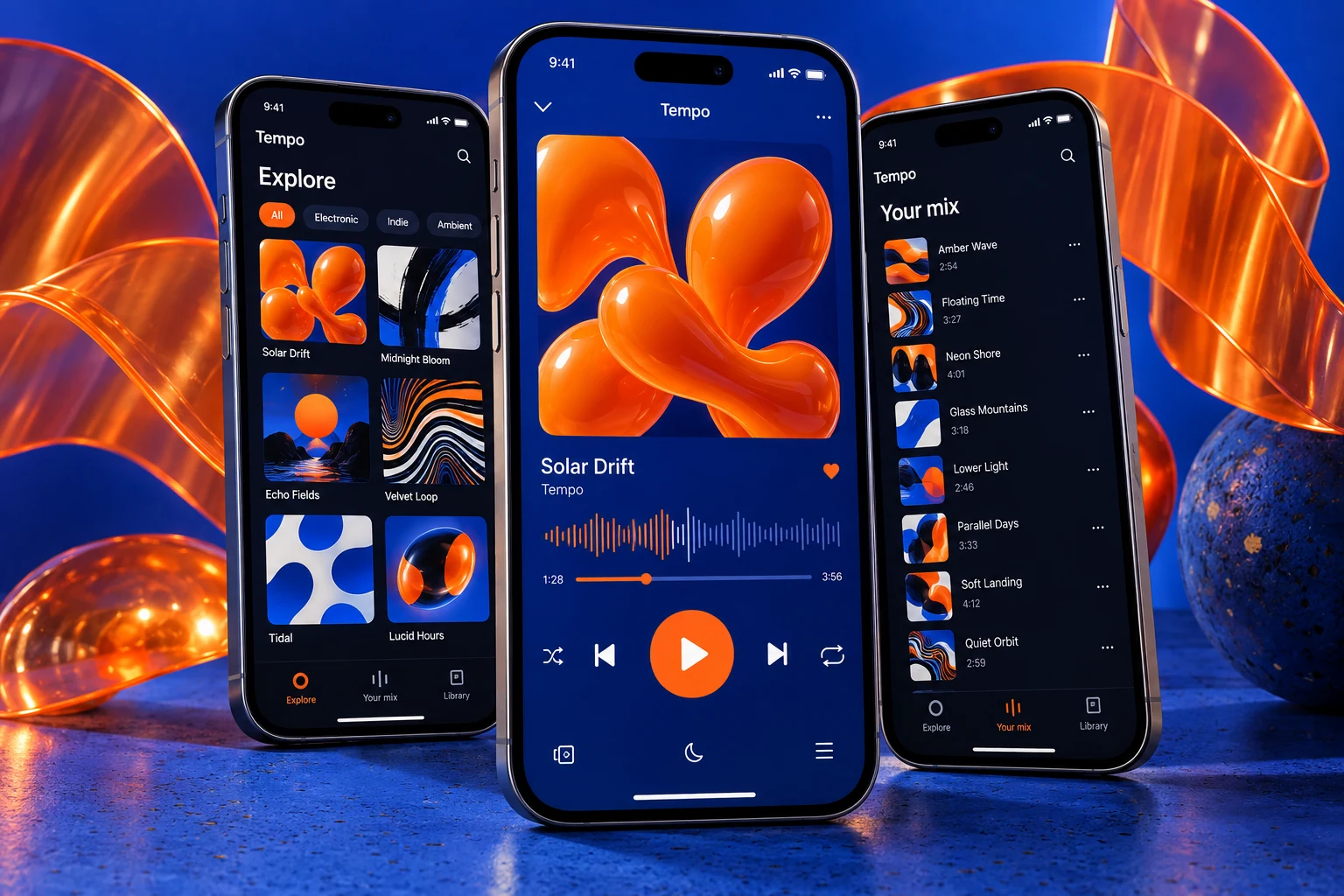 Original Tempo music app concept with vivid cobalt and orange discovery, playlist and player screens